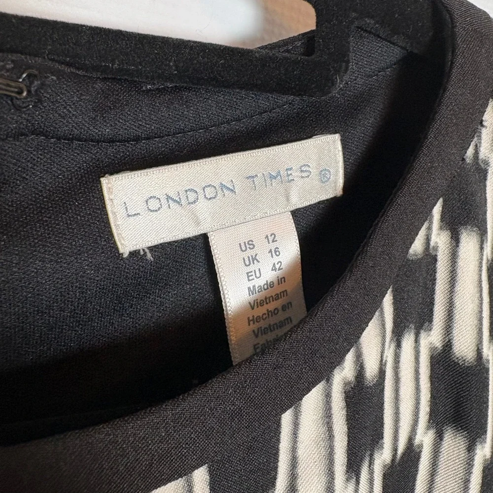 London‎ Times S/L Sheath Dress Black White Geometric Print Size 12 Career